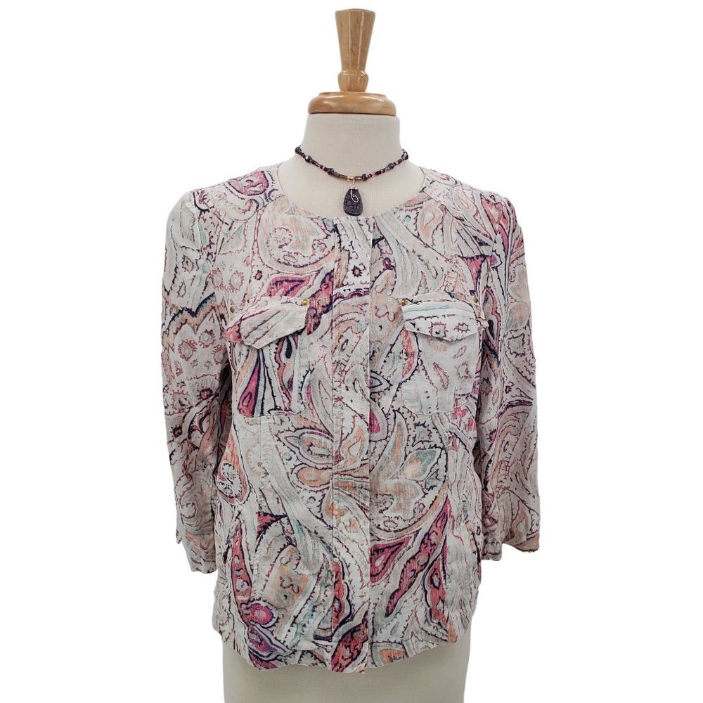 Chico's Womens Paisley Print Zip Up Linen Jacket Size 1‎ (M) 3/4 Sleeve Career